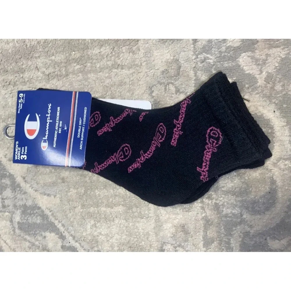 Champion 3-Pair Womens Sz 5-9 Ankle Socks Black Logo‎ New